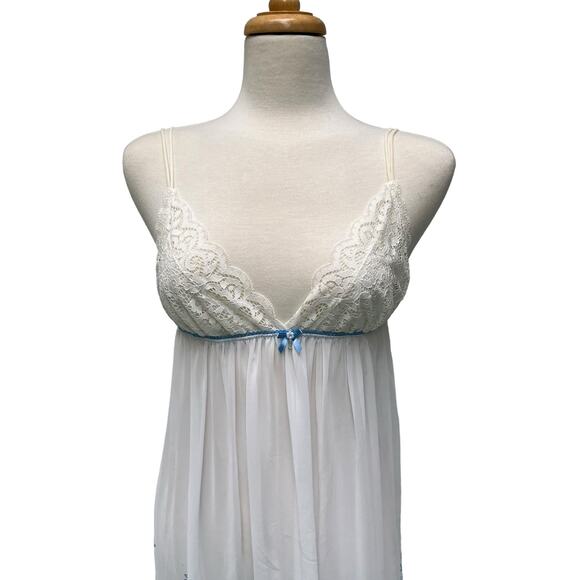 In Bloom by Jonquil Nightgown Chemise Sz M Sheer Blue Floral Boudoir Coquette - Picture 2 of 12